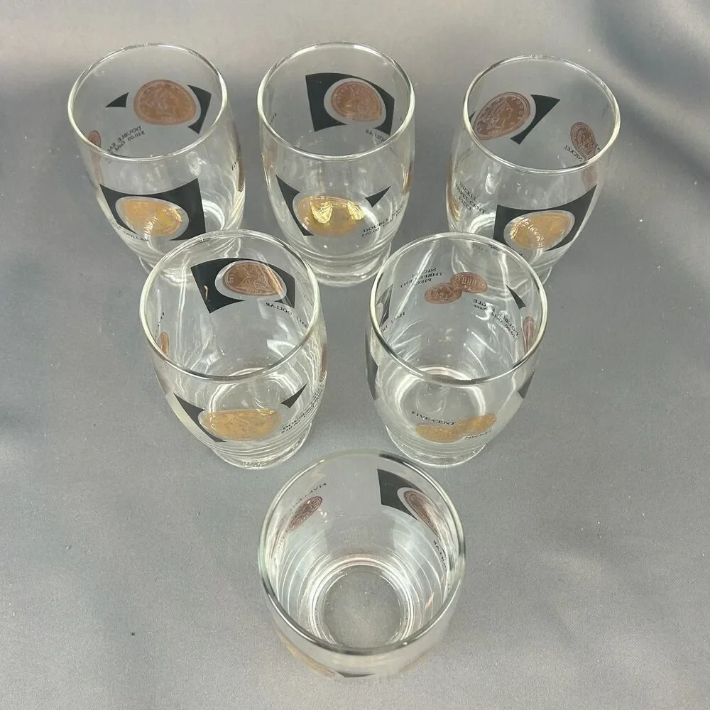 CERA Glasses Gold Black COINS by Bob Wallack MCM Tumbler Set of 6 NOS 1963